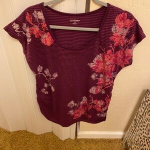 MOTHERHOOD MATERNITY TOP SIZE L PURPLE STRIPE WITH FLOWERS WITH DETAIL